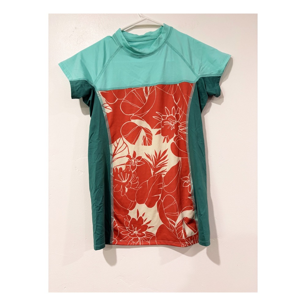 Patagonia Womens Short Sleeve Rash Guard Swim Shirt Floral Teal Red Small